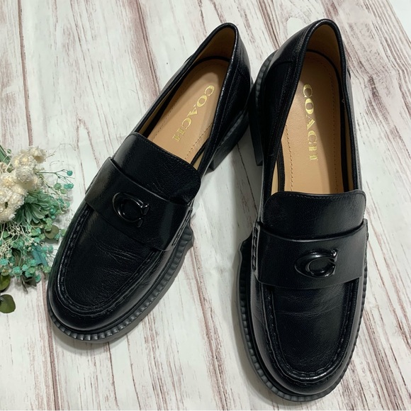 COACH Leah Leather Lug Sole Block Heel Loafers - Picture 9 of 13